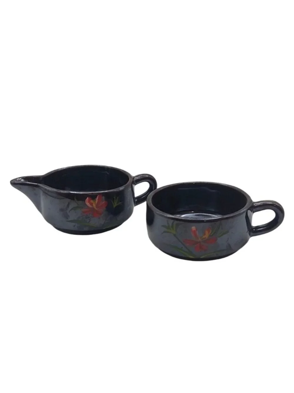 Redware Creamer Sugar Set Stackable Hand Painted Red Floral Japan Vintage Rustic